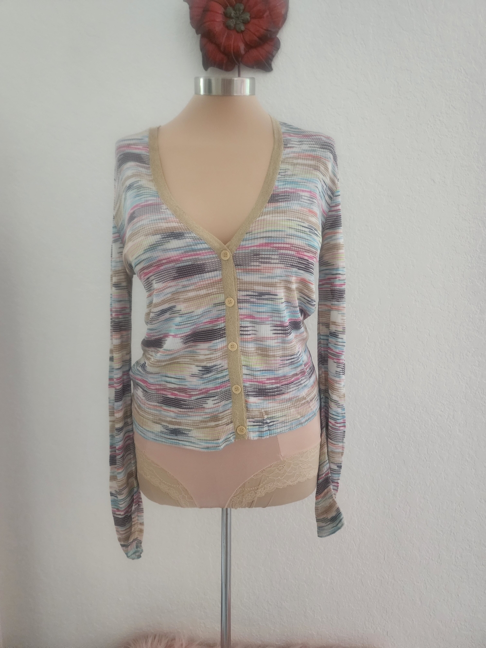 M MISSONO | Multicolor Striped V-Neck Button Cardigan - Picture 7 of 16